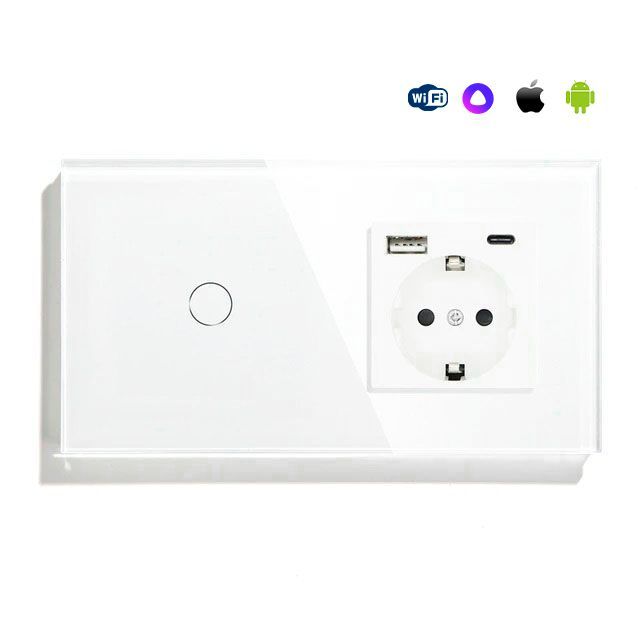 Купить Сенсорный выключатель WiFi 1 клавиша 1 розетка 2 поста (1G+1AС) стекло 157х86мм цвет белый в интернет-магазине Mvava.ru