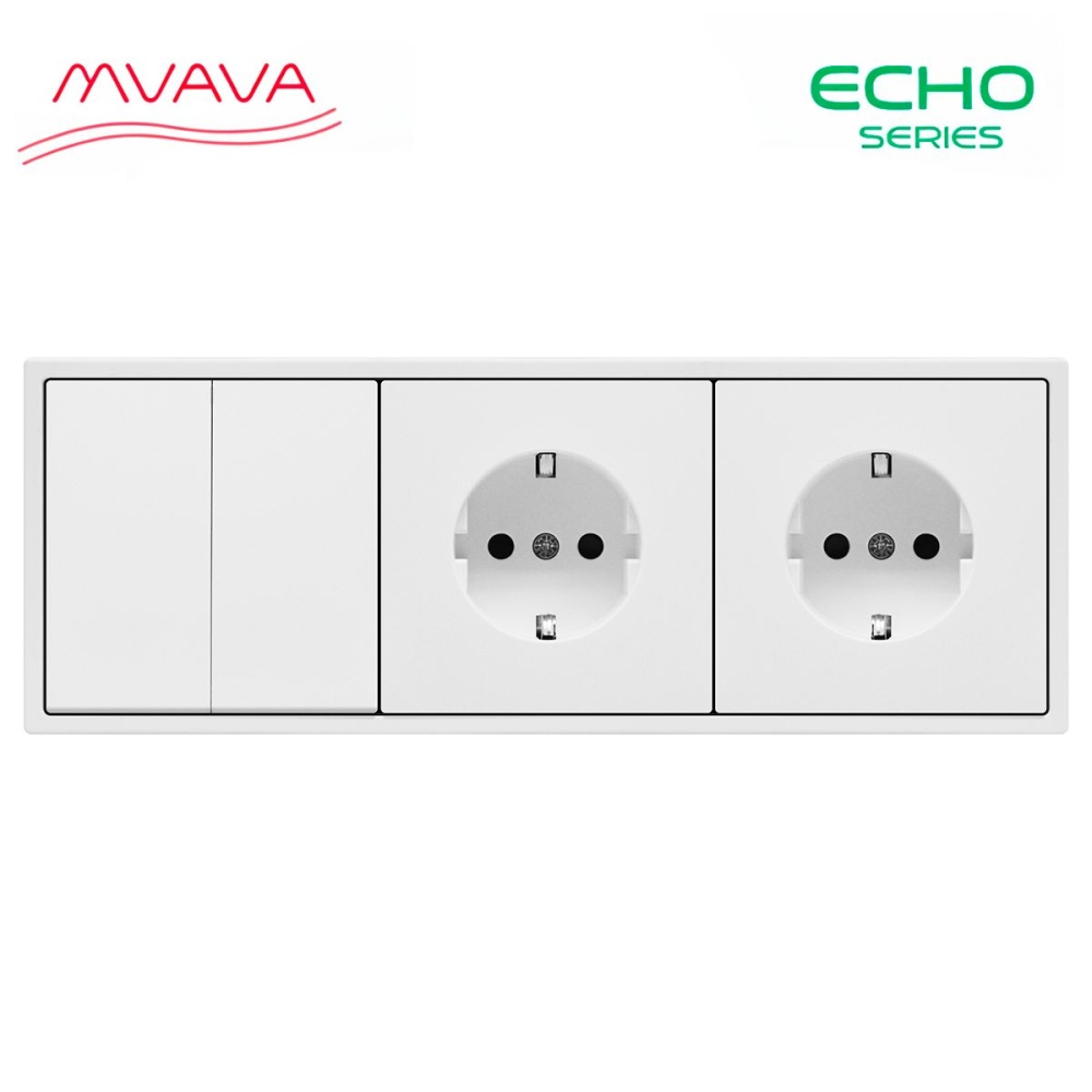 Купить Выключатель echo с розеткой, 2 клавиши 2 розетки, 3 поста (M2+2F) рамка пластик 223х81мм цвет белый в интернет-магазине Mvava.ru