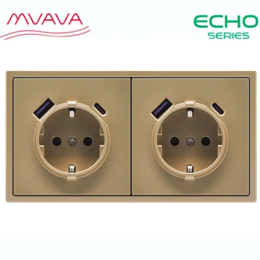 Купить Розетка электрическая echo 2 поста с Usb/Type-C АC, быстрая зарядка 20W, цвет золотой в интернет-магазине Mvava.ru