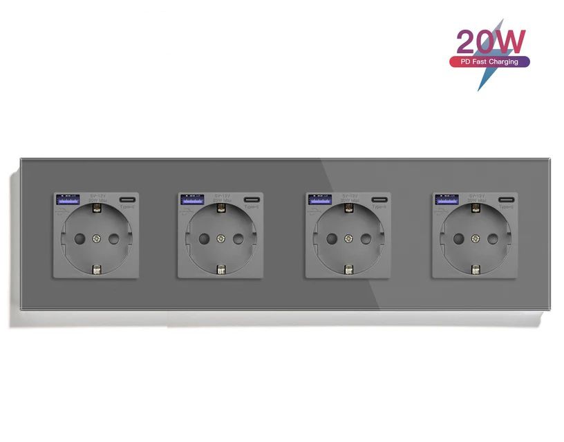 Купить Розетка электрическая 4 поста АC, быстрая зарядка 20W, стекло 299х86 мм, цвет серый в интернет-магазине Mvava.ru