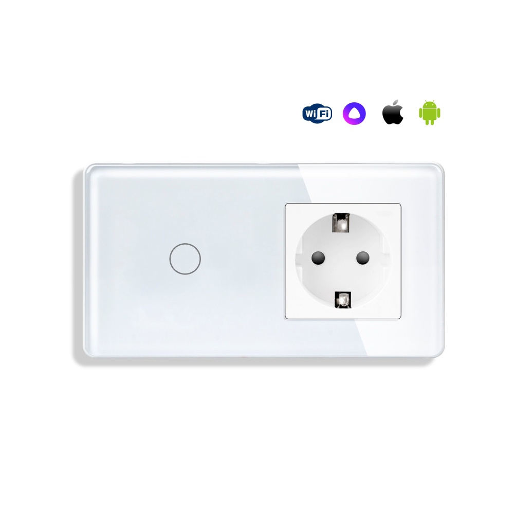 Купить Сенсорный выключатель WiFi 1 клавиша 1 розетка 2 поста (1G+1EU) стекло 2.5D 157х86мм цвет белый в интернет-магазине Mvava.ru