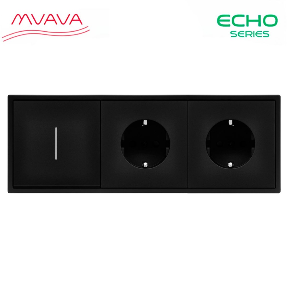 Купить Выключатель echo с розеткой, 1 клавиша 2 розетки, 3 поста (M1+2F) рамка пластик 223х81мм цвет черный в интернет-магазине Mvava.ru