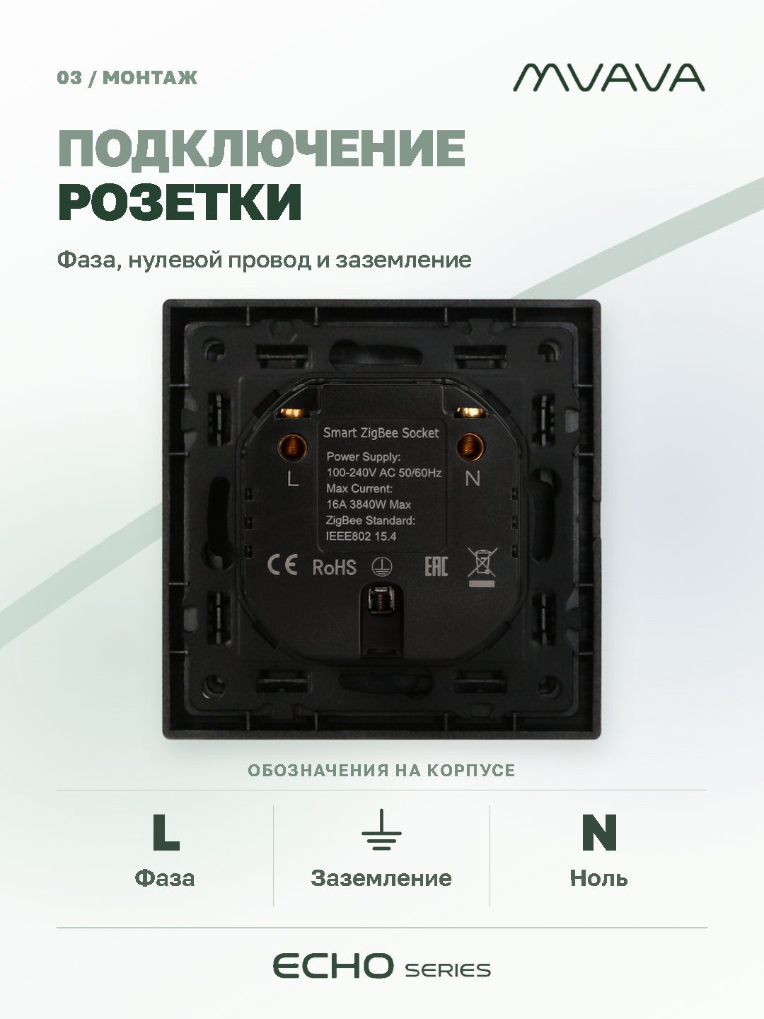 Купить Умная розетка ZigBee MVAVA Echo с Алисой, 81х81 мм, 16А, с заземлением, белая в интернет-магазине Mvava.ru