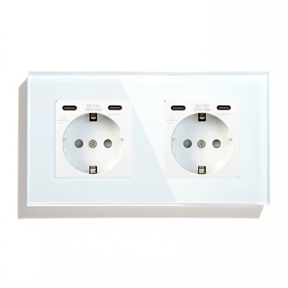 Купить Розетка электрическая 2 поста CC, быстрая зарядка 20W, стекло 157х86 мм, цвет белый в интернет-магазине Mvava.ru