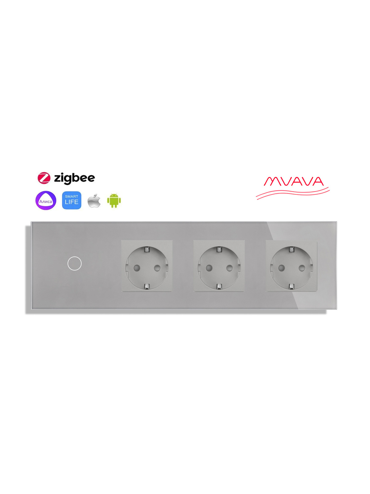 Купить Сенсорный выключатель ZigBee MVAVA 1 кл. 3 розетки 4 поста (1G+3EU) стекло 299х86мм цвет серый в интернет-магазине Mvava.ru