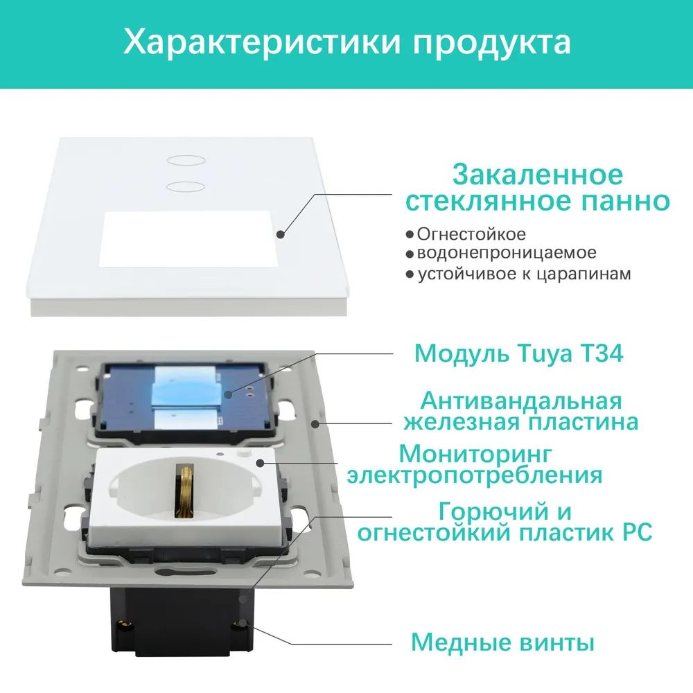 Купить Сенсорный выключатель ZigBee MVAVA 2кл. 1 розетка, 2 поста (2G+1EU) стекло 157х86мм цвет белый в интернет-магазине Mvava.ru