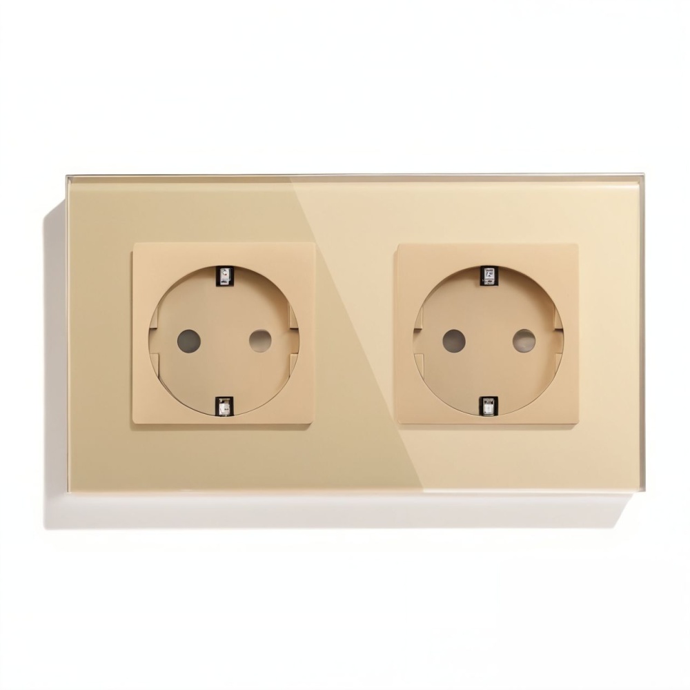 Купить Розетка электрическая 2 поста MVAVA, рамка стекло 157х86мм, цвет золотой в интернет-магазине Mvava.ru