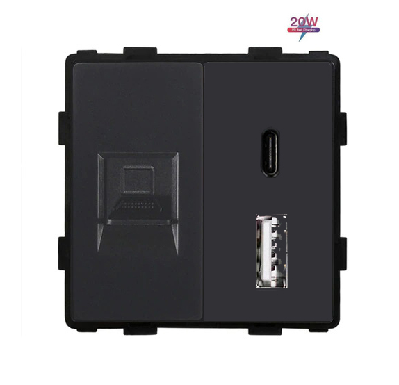 Купить Механизм розетки Usb-typeC-/Cat5, 20w, цвет черный в интернет-магазине Mvava.ru