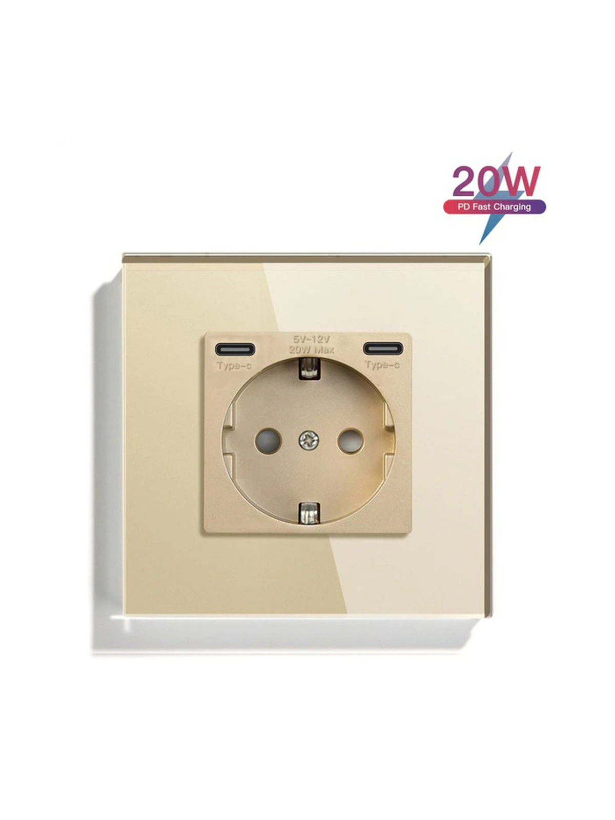 Купить Розетка электрическая 1 пост СC, быстрая зарядка 20W, стекло 86х86 мм, цвет золото в интернет-магазине Mvava.ru