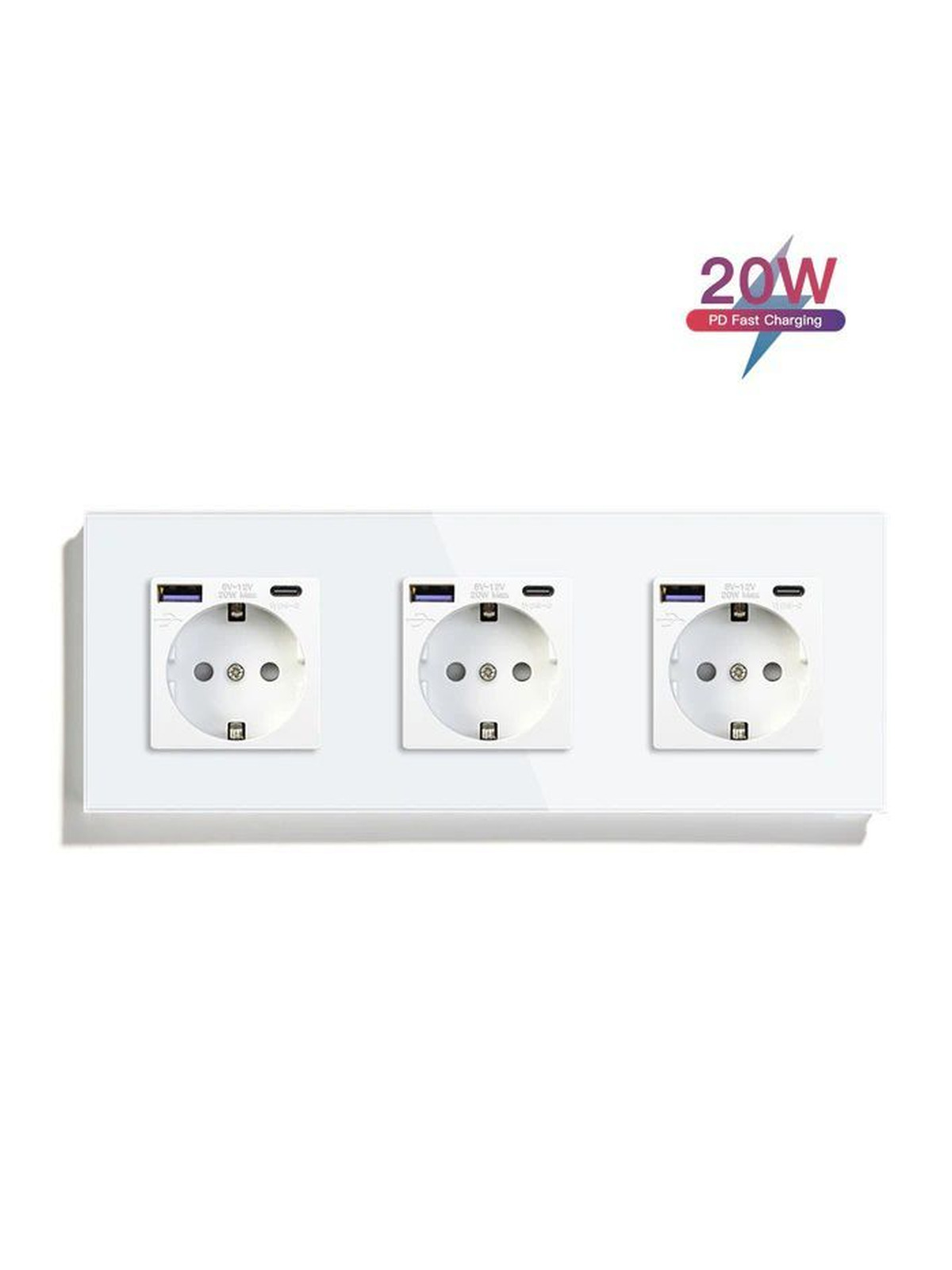 Купить Розетка электрическая 3 поста АC, быстрая зарядка 20W, стекло 228х86 мм, цвет белый в интернет-магазине Mvava.ru