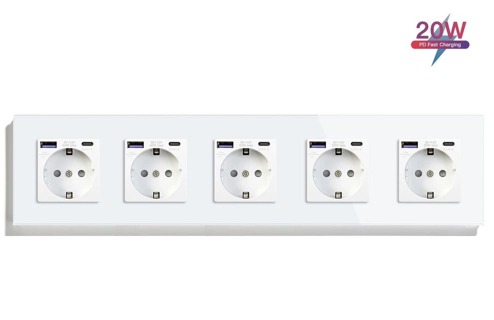 Купить Розетка электрическая 5 постов АC, быстрая зарядка 20W, стекло 370х86 мм, цвет белый в интернет-магазине Mvava.ru
