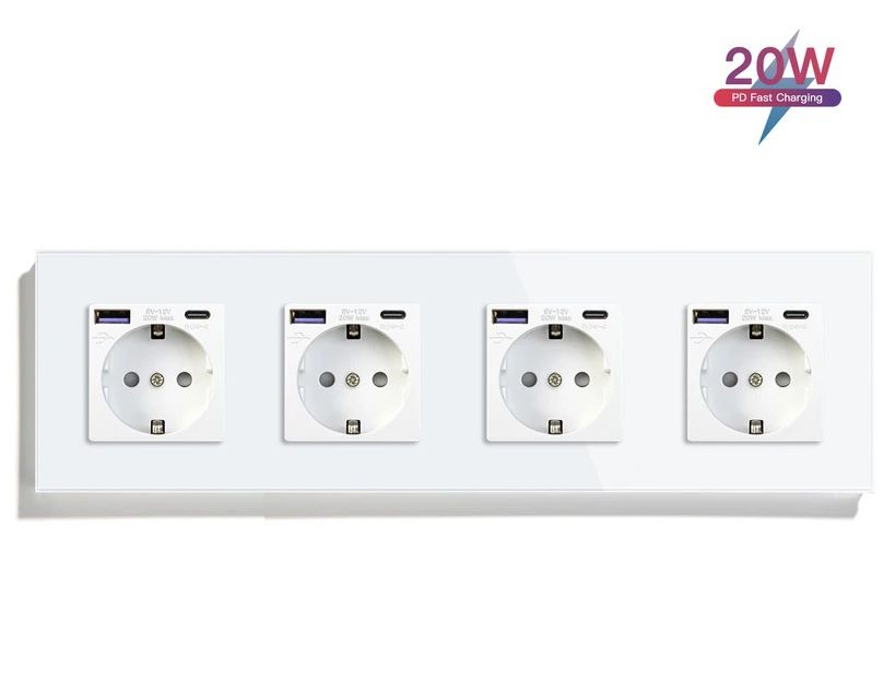 Купить Розетка электрическая 4 поста АC, быстрая зарядка 20W, стекло 299х86 мм, цвет белый в интернет-магазине Mvava.ru