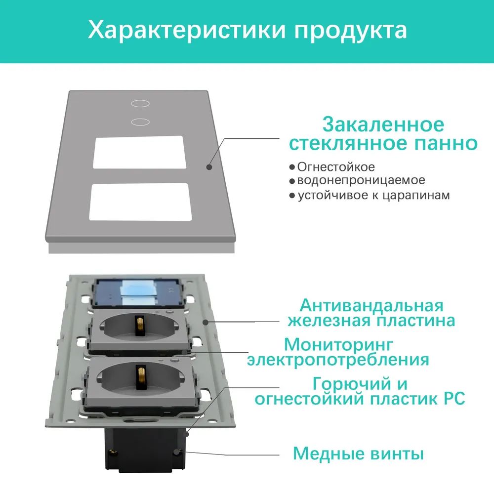 Купить Сенсорный выключатель ZigBee MVAVA 2кл. 2 розетки, 3 поста (2G+2EU) стекло 228х86мм цвет серый в интернет-магазине Mvava.ru