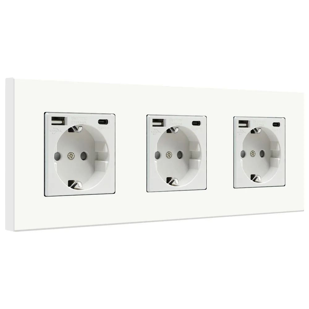 Купить Розетка электрическая 3 поста, с Usb/Type-C АC, рамка 228х86мм пластик, цвет белый в интернет-магазине Mvava.ru