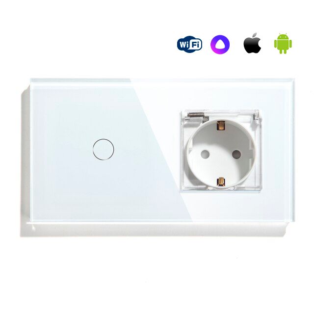 Купить Сенсорный выключатель WiFi 1 клавиша 1 розетка IP44 2 поста (1G+EU) стекло 157х86мм цвет белый в интернет-магазине Mvava.ru