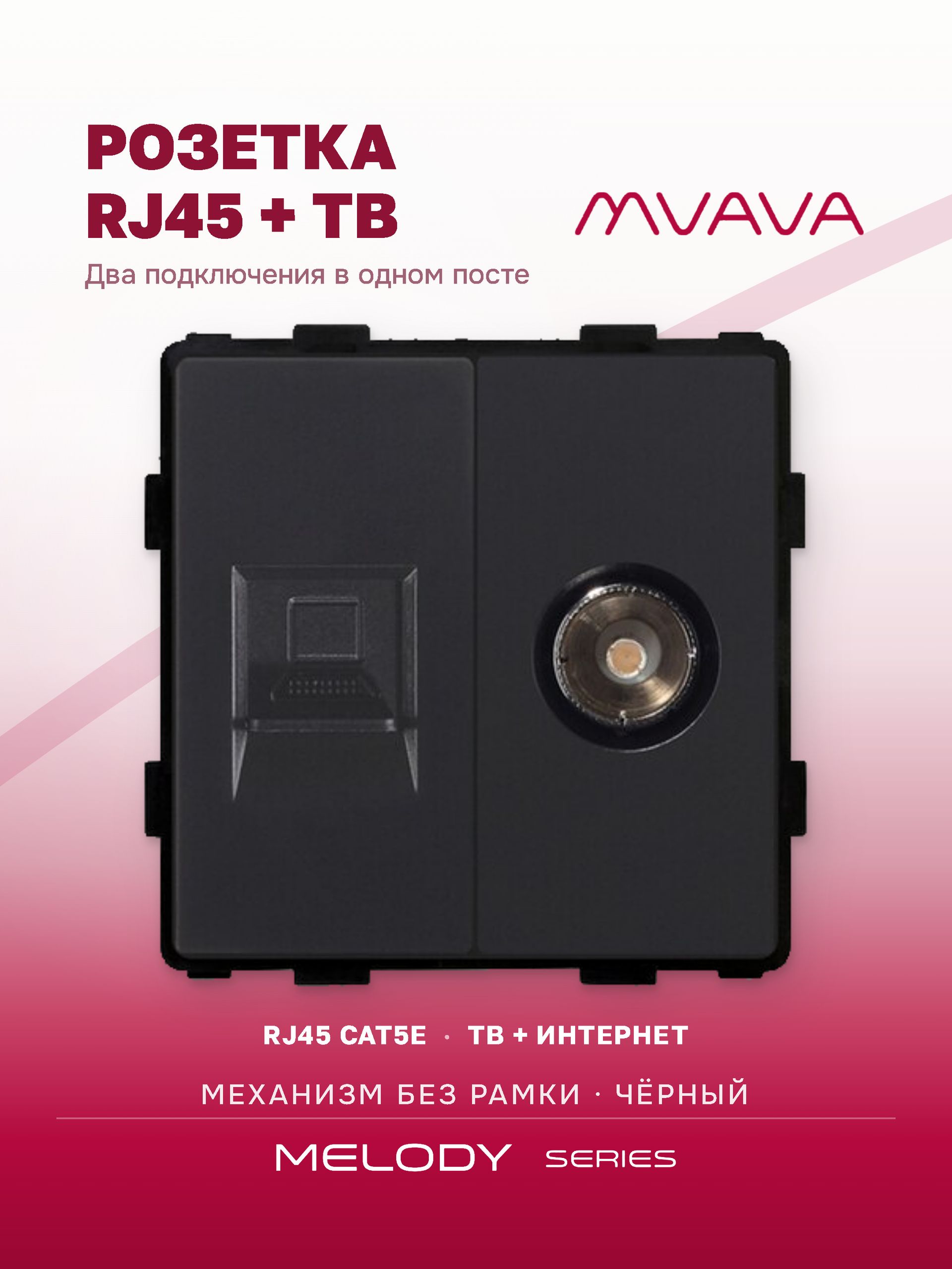 Купить Механизм розетки интернет/тв, CAT5e/TV, цвет черный в интернет-магазине Mvava.ru