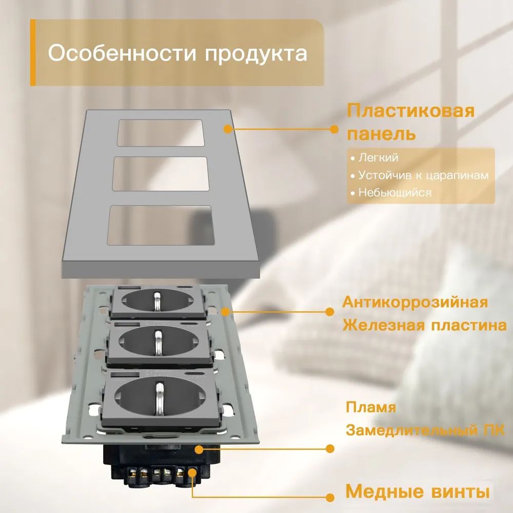 Купить Розетка электрическая 3 поста, с Usb/Type-C АC, рамка 228х86мм пластик, цвет серый в интернет-магазине Mvava.ru
