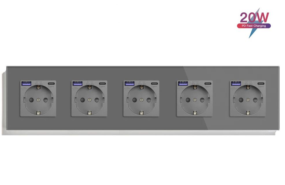 Купить Розетка электрическая 5 постов АC, быстрая зарядка 20W, стекло 370х86 мм, цвет серый в интернет-магазине Mvava.ru