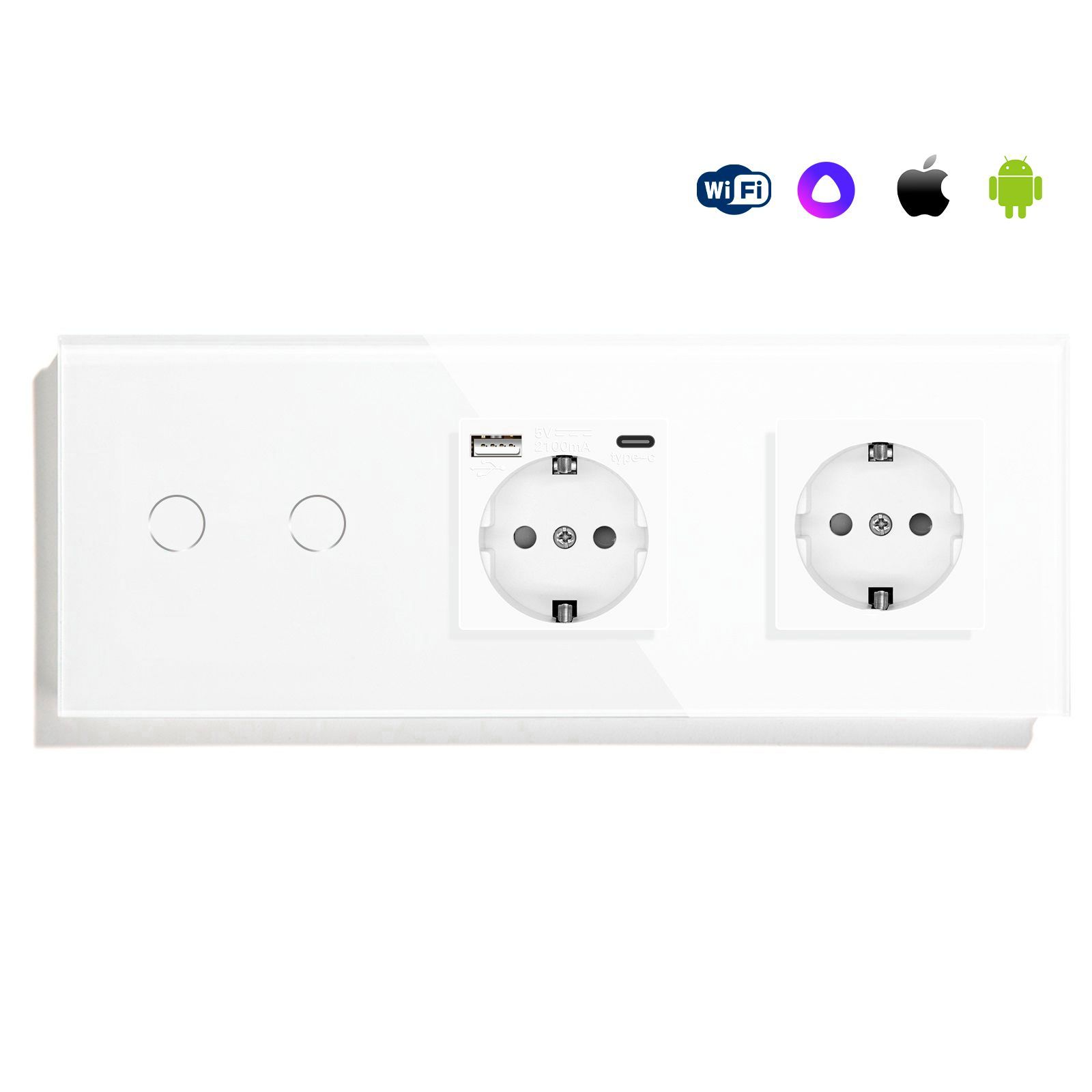 Купить Сенсорный выключатель WiFi с нулем 2кл. 2розетки 3поста (2G+AC/EU) стекло 228х86мм цвет белый в интернет-магазине Mvava.ru
