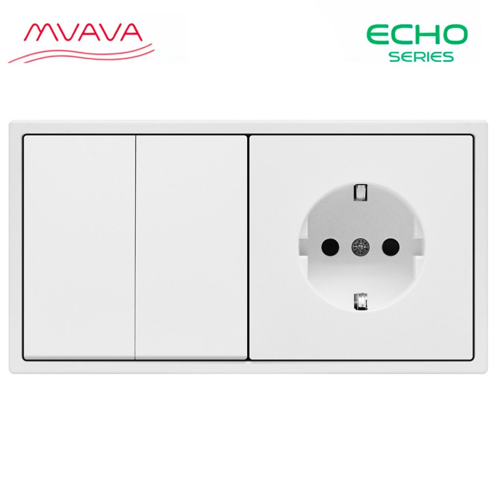 Купить Выключатель echo с розеткой, 2 клавиши 1 розетка, 2 поста (М2+1F) рамка пластик 152х81мм цвет белый в интернет-магазине Mvava.ru