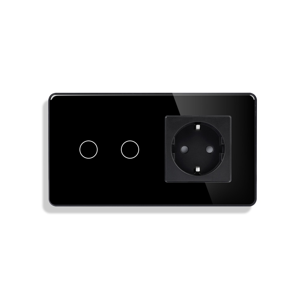 Купить Сенсорный выключатель с розеткой 2кл. 1 розетка, 2 поста (2G+1EU) стекло 2.5D 157х86мм цвет черный в интернет-магазине Mvava.ru