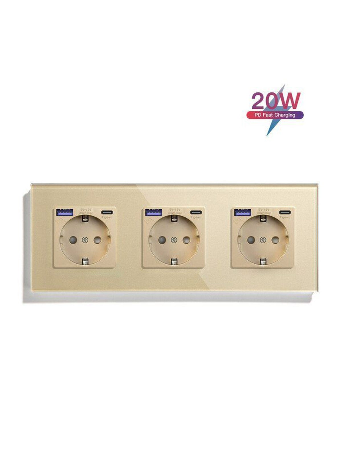 Купить Розетка электрическая 3 поста АC, быстрая зарядка 20W, стекло 228х86 мм, цвет золотой в интернет-магазине Mvava.ru