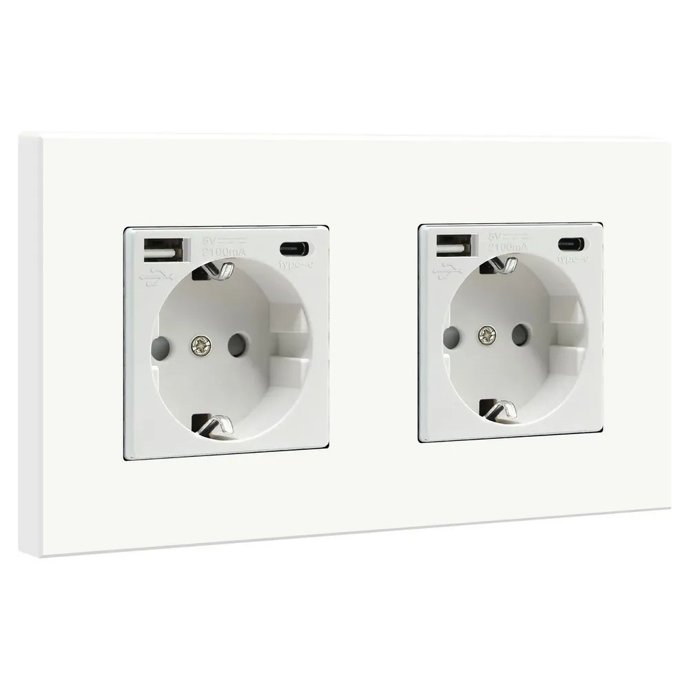 Купить Розетка электрическая 2 поста, с Usb/Type-C АC, рамка 157х86мм пластик, цвет белый в интернет-магазине Mvava.ru