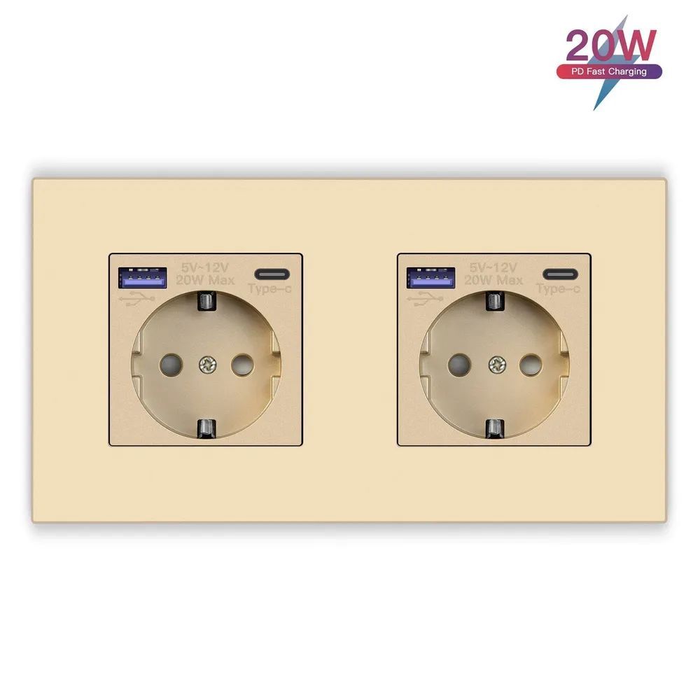 Купить Розетка электрическая 2 поста с Usb/Type-C АC, быстрая зарядка 20W, рамка пластик, цвет золото в интернет-магазине Mvava.ru