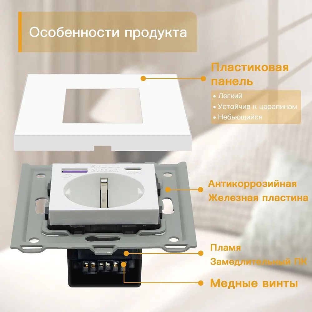 Купить Розетка электрическая 1 пост с Usb/Type-C АC, быстрая зарядка 20W, рамка пластик, цвет белый в интернет-магазине Mvava.ru