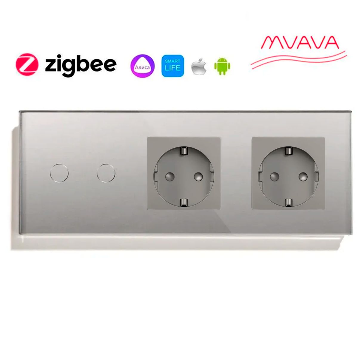 Купить Сенсорный выключатель ZigBee MVAVA 2кл. 2 розетки, 3 поста (2G+2EU) стекло 228х86мм цвет серый в интернет-магазине Mvava.ru