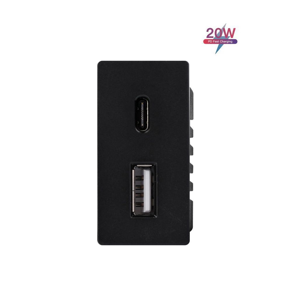 Купить Механизм розетки 1/2 (без рамки) USB АС, быстрая зарядка 20Вт, цвет черный в интернет-магазине Mvava.ru
