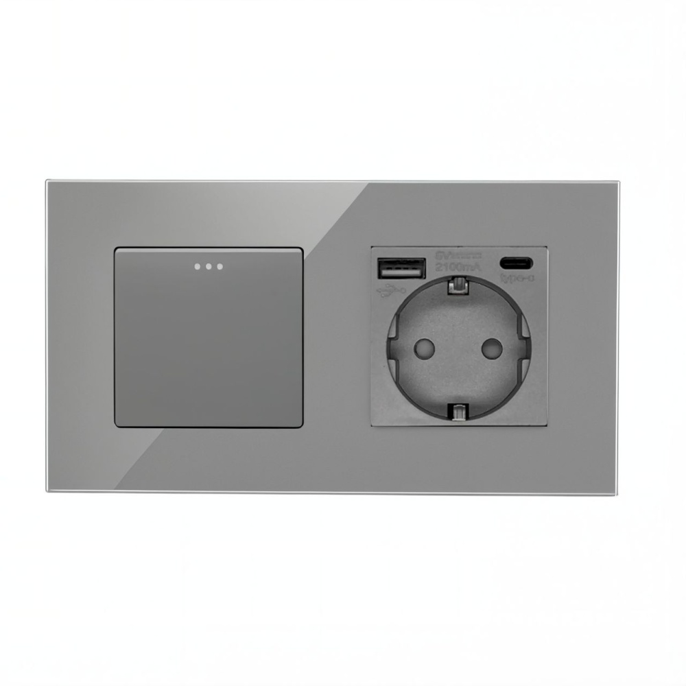 Купить Выключатель с розеткой, 1 клавиша 1 розетка с usb type-c, 2 поста (М1+1FAC) рамка стекло 157х86мм цв в интернет-магазине Mvava.ru