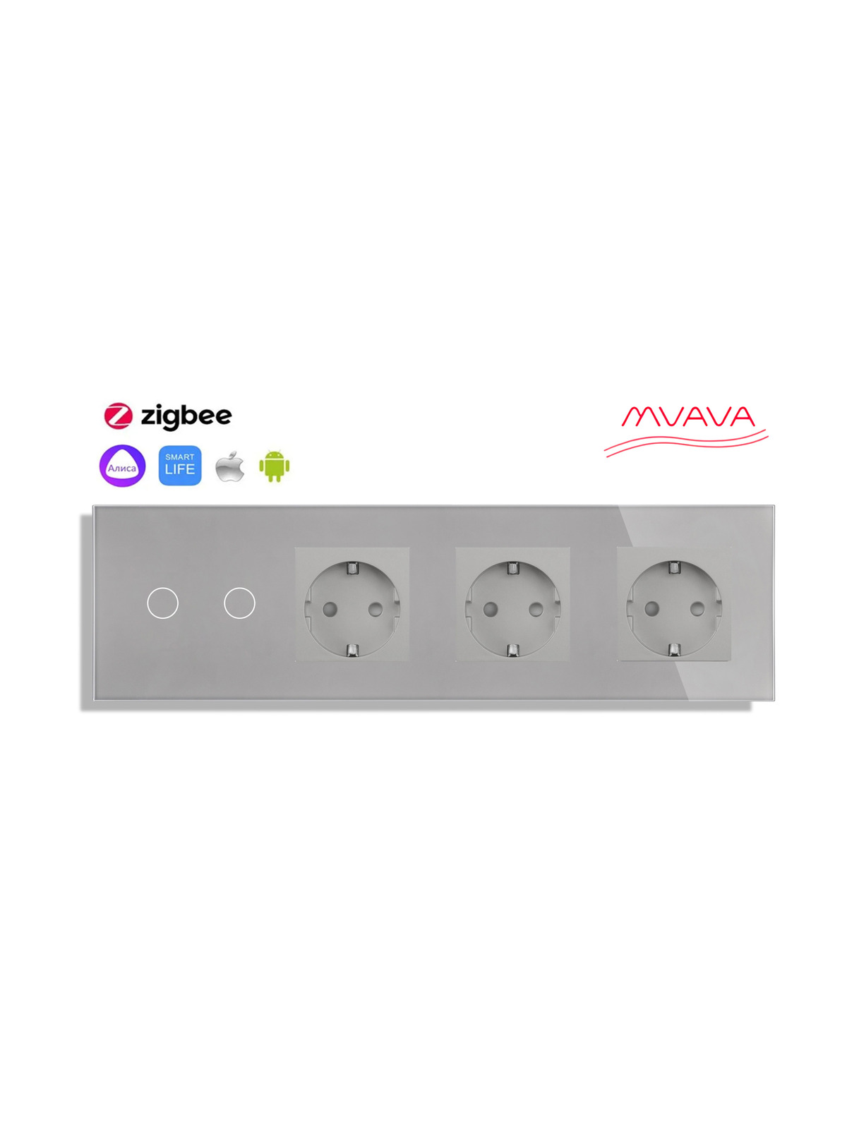 Купить Сенсорный выключатель ZigBee MVAVA 2 кл. 3 розетки 4 поста (2G+3EU) стекло 299х86мм цвет серый в интернет-магазине Mvava.ru