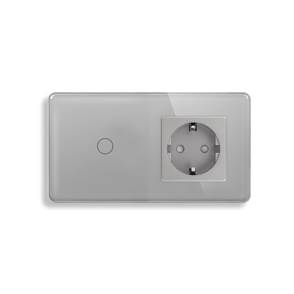 Купить Сенсорный выключатель с розеткой 1кл. 1 розетка, 2 поста (1G+1EU) стекло 2.5D 157х86мм цвет серый в интернет-магазине Mvava.ru