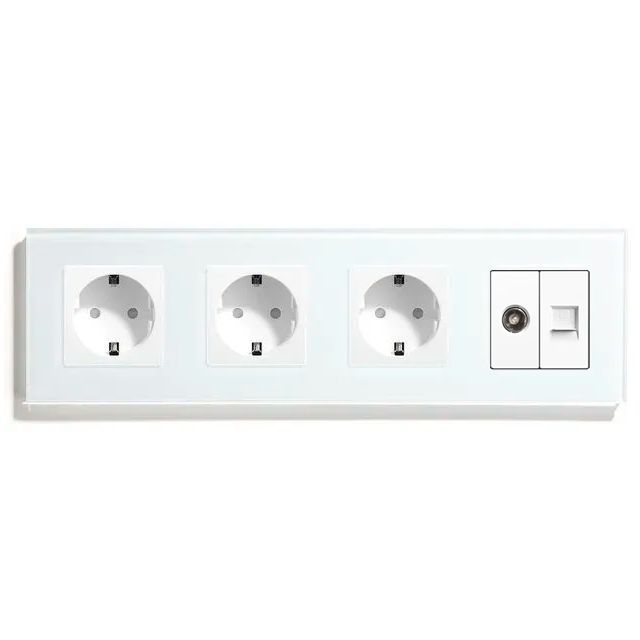 Купить Розетка 4 поста с интернет/тв, cat5/tv, рамка 299х86мм стекло, цвет белый в интернет-магазине Mvava.ru