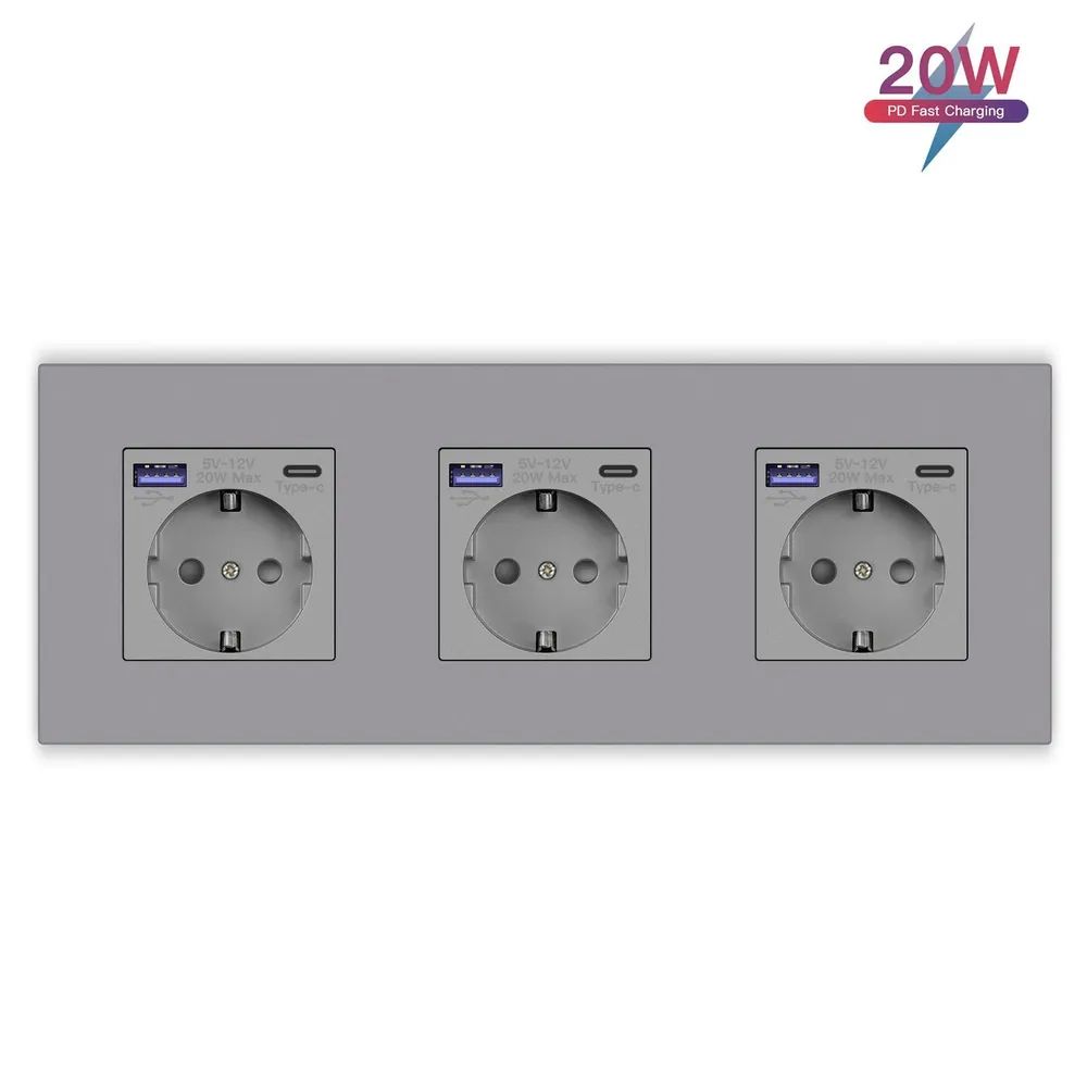 Купить Розетка электрическая 3 поста с Usb/Type-C АC, быстрая зарядка 20W, рамка пластик цвет серый в интернет-магазине Mvava.ru