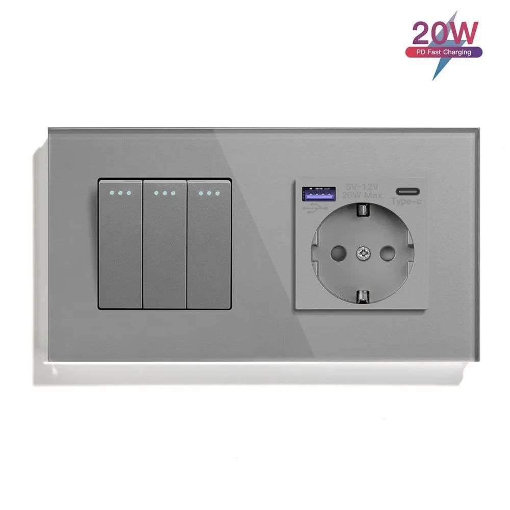 Купить Механический выключатель MVAVA, 2 поста, 3К+1Р, USB/Type-C 20 Вт, 157×86 мм, стекло, серый в интернет-магазине Mvava.ru