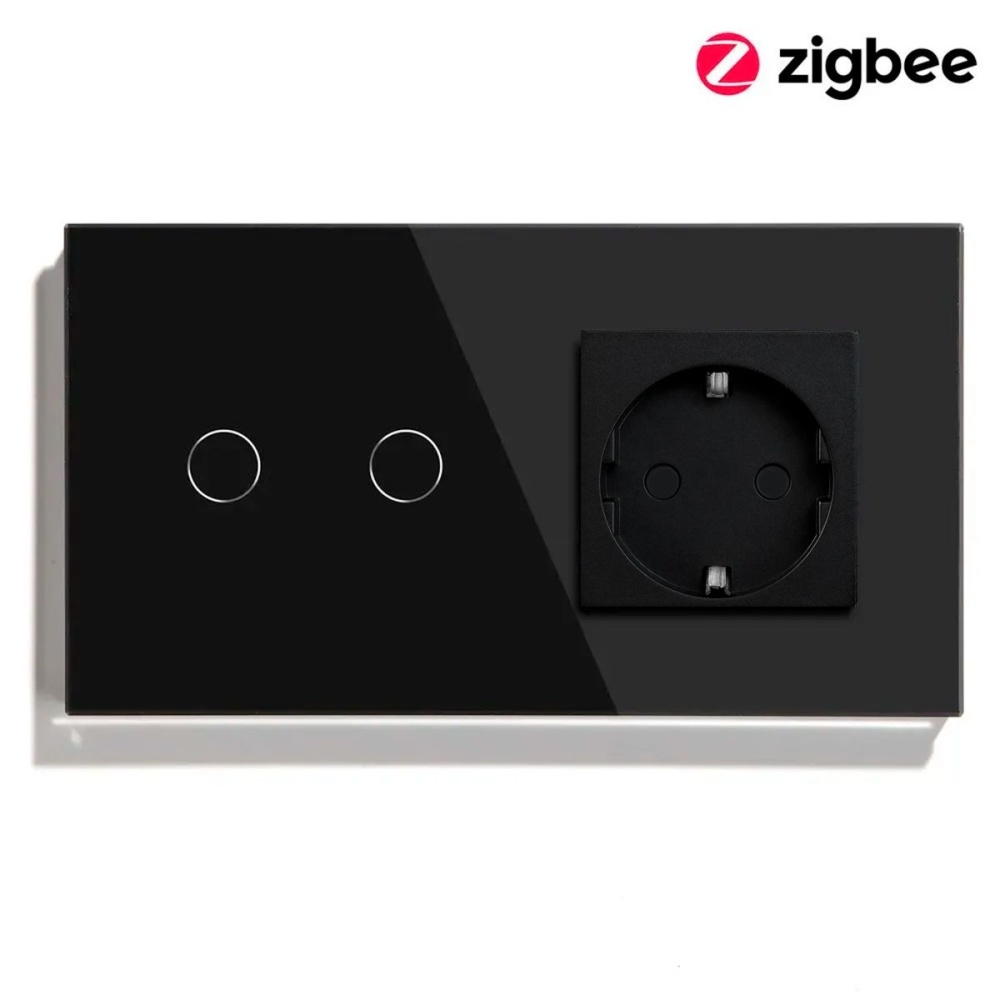Купить Сенсорный выключатель ZigBee 2кл. 1 розетка, 2 поста (2G+1EU) стекло 157х86мм цвет черный в интернет-магазине Mvava.ru