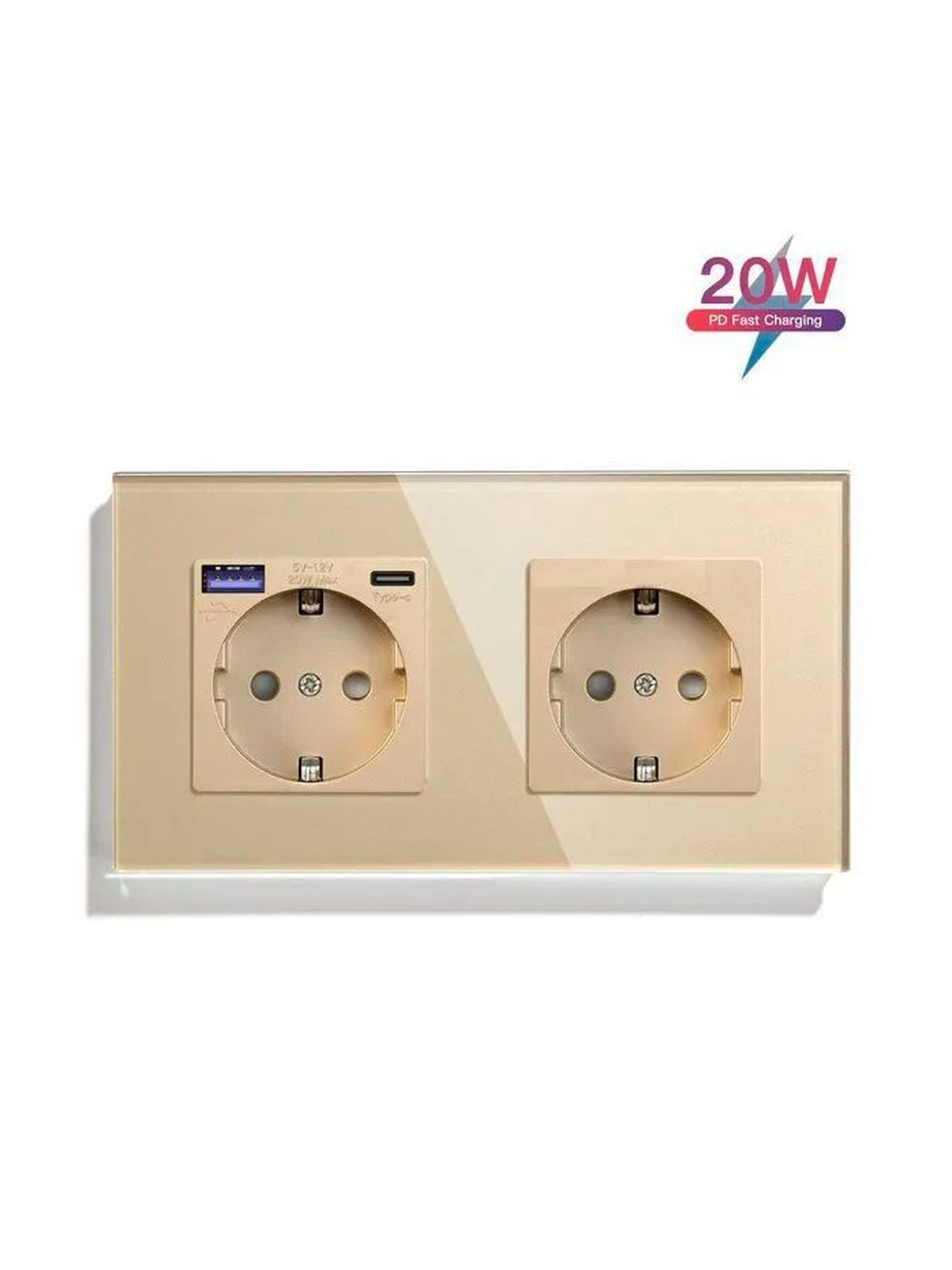 Купить Розетка электрическая 2 поста EU/AC, быстрая зарядка 20W, стекло 157х86 мм, цвет золото в интернет-магазине Mvava.ru
