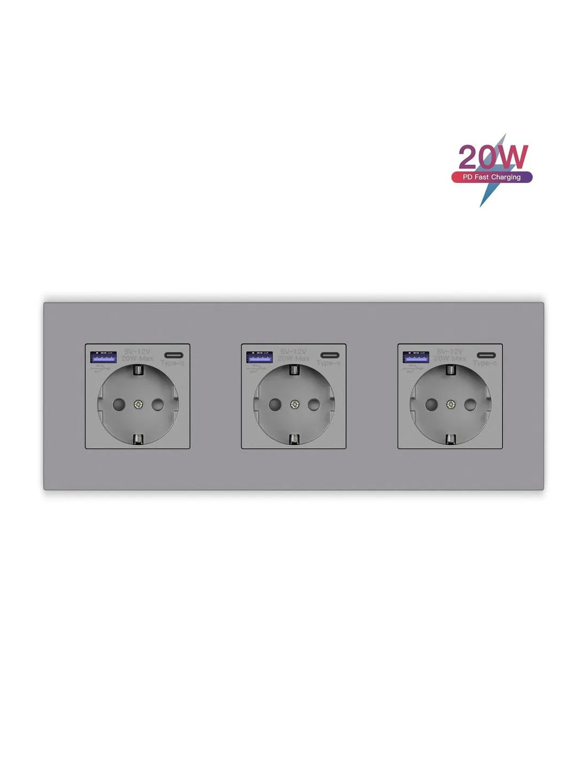Купить Розетка электрическая 3 поста с Usb/Type-C АC, быстрая зарядка 20W, рамка пластик цвет серый в интернет-магазине Mvava.ru