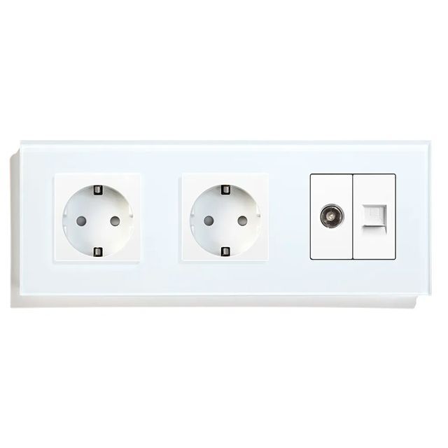 Купить Розетка 3 поста с интернет/тв, cat5/tv, рамка 228х86мм стекло, цвет белый в интернет-магазине Mvava.ru