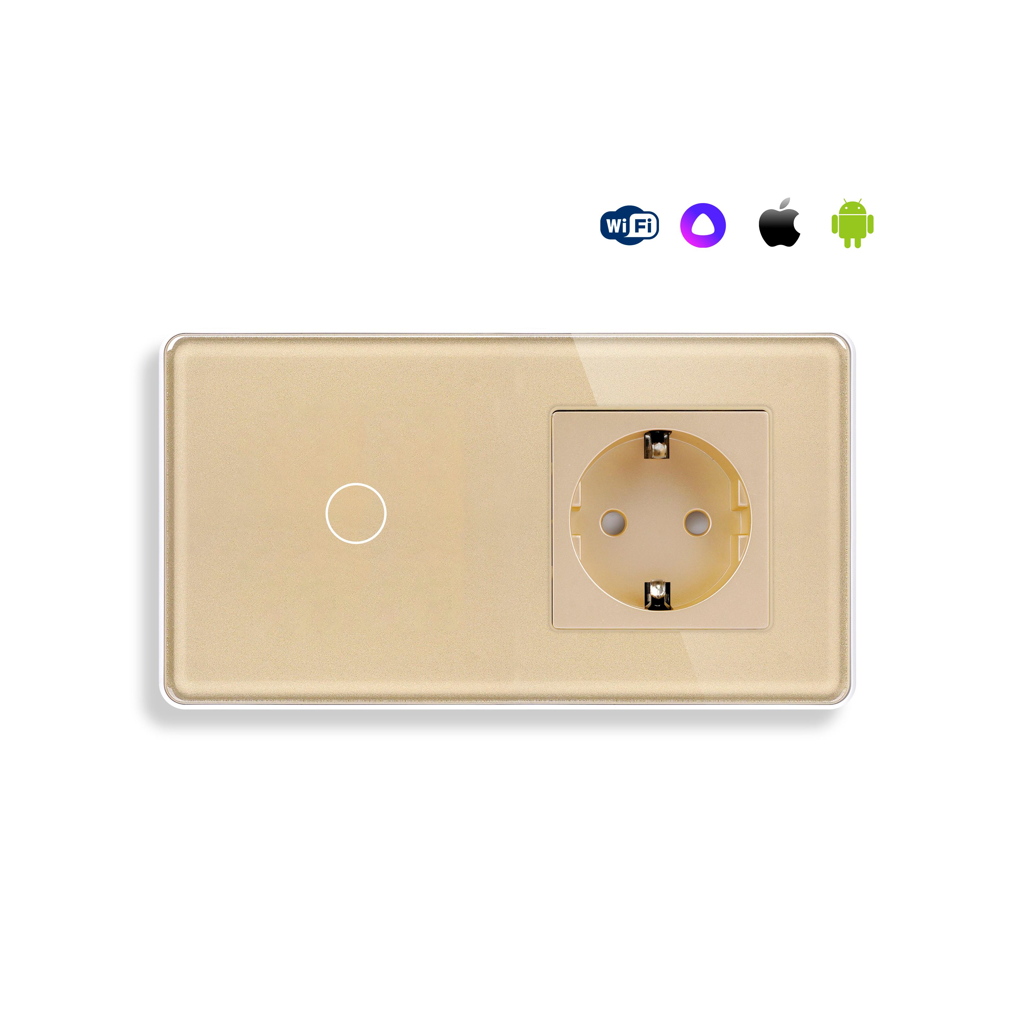 Купить Сенсорный выключатель WiFi с нулем 1кл. 1розетка 2поста (1G+1EU) стекло 2.5D 157х86мм цвет золотой в интернет-магазине Mvava.ru