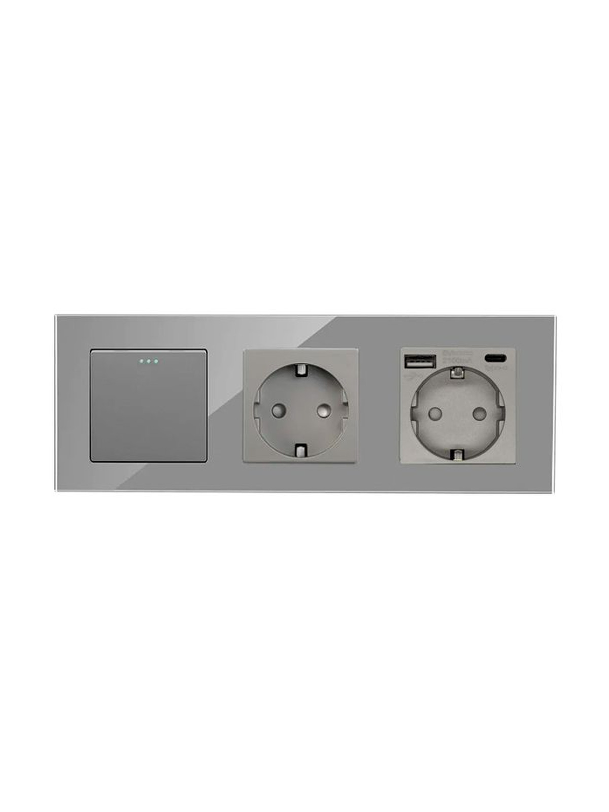Купить Выключатель с розеткой, 1 клавиша 2 розетки c usb type-c, 3 поста (M1+2FAC) рамка стекло 228х86мм цветсерый в интернет-магазине Mvava.ru