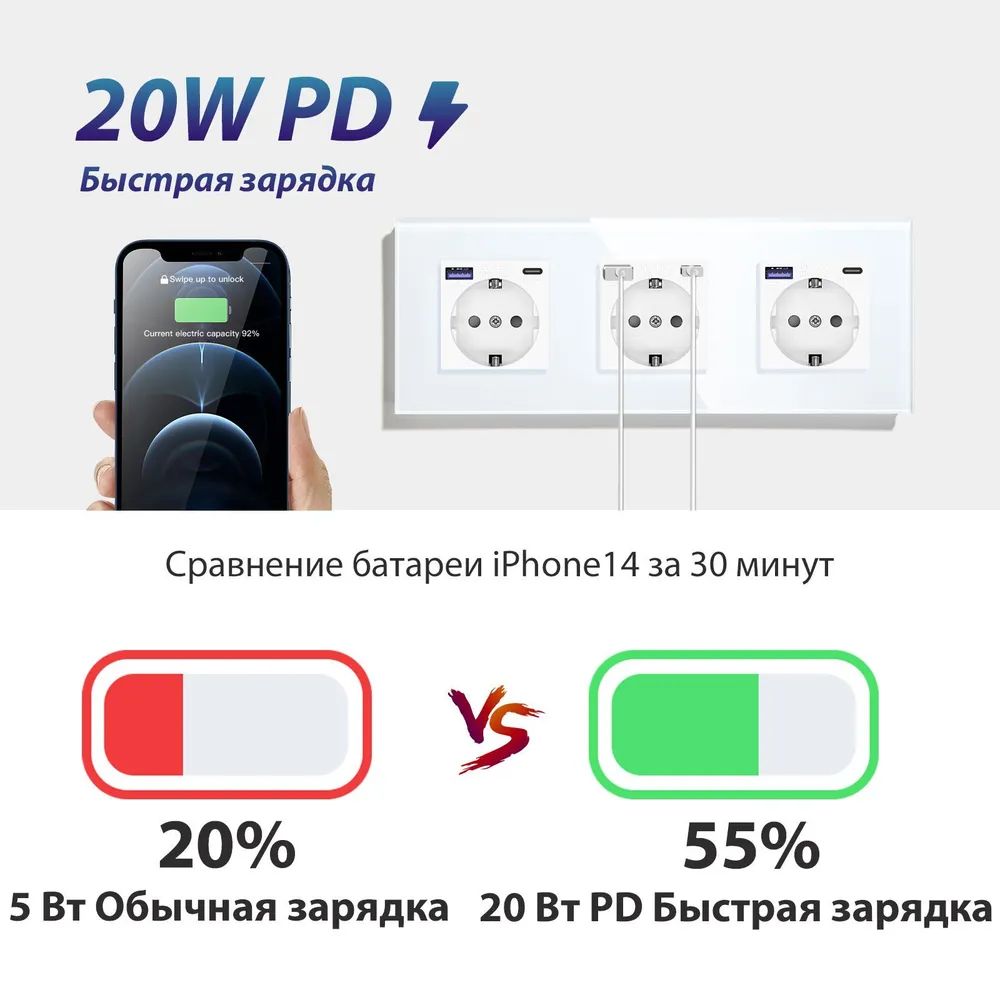 Купить Розетка электрическая 3 поста АC, быстрая зарядка 20W, стекло 228х86 мм, цвет белый в интернет-магазине Mvava.ru