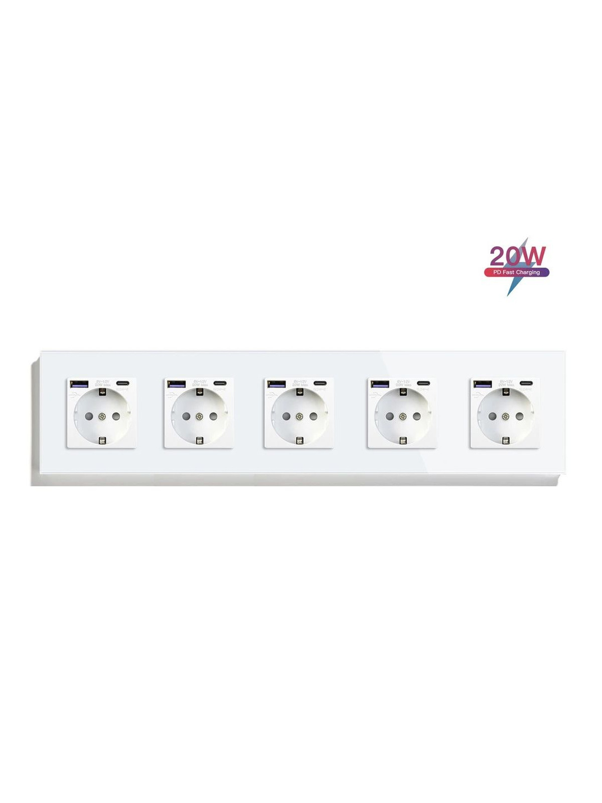 Купить Розетка электрическая 5 постов АC, быстрая зарядка 20W, стекло 370х86 мм, цвет белый в интернет-магазине Mvava.ru