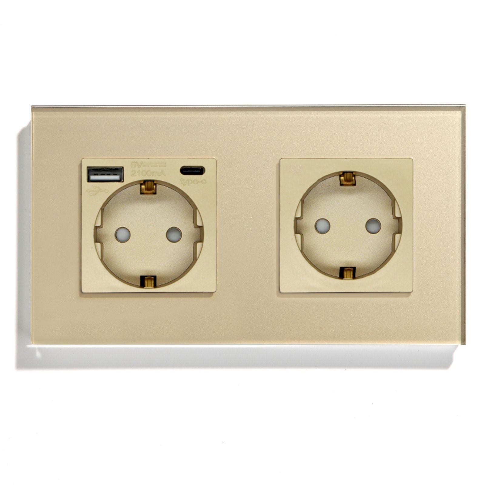 Купить Розетка электрическая 2 поста EU/AC, зарядка 10W, стекло 157х86 мм, цвет золотой в интернет-магазине Mvava.ru