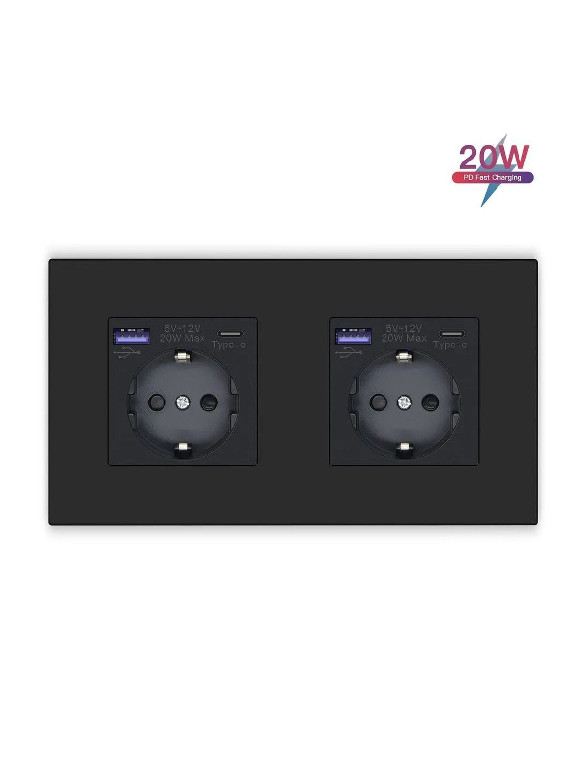 Купить Розетка электрическая 2 поста с Usb/Type-C АC, быстрая зарядка 20W, рамка пластик, цвет черный в интернет-магазине Mvava.ru