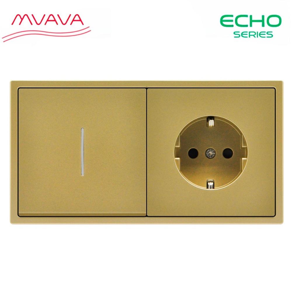 Купить Выключатель echo с розеткой, 1 клавиша 1 розетка, 2 поста (М1+1F) рамка пластик 152х81мм цвет золото в интернет-магазине Mvava.ru