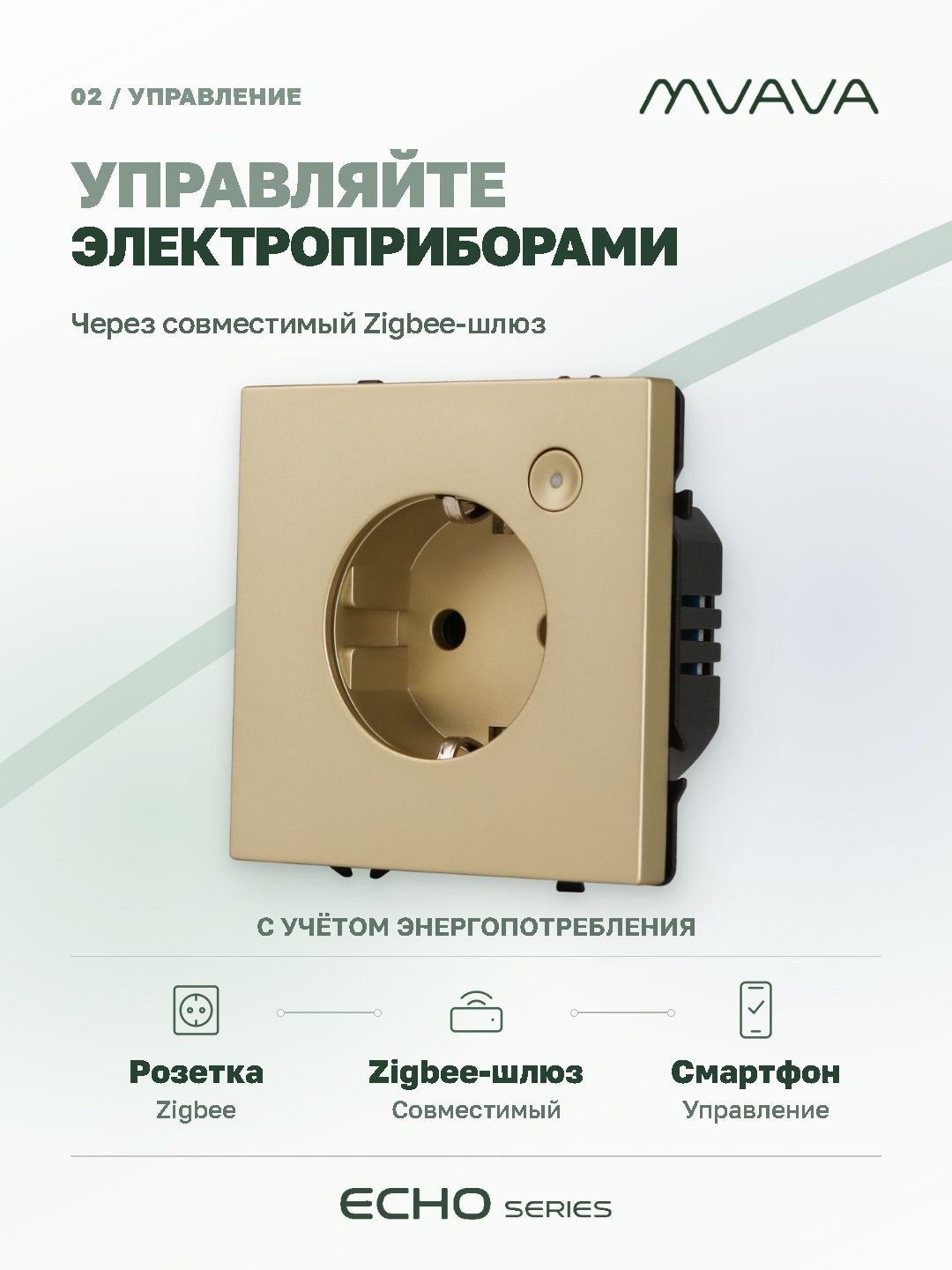 Купить Умная розетка ZigBee MVAVA Echo с Алисой, 16А, с заземлением, золотая в интернет-магазине Mvava.ru