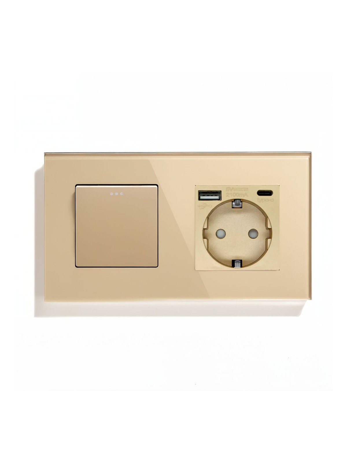 Купить Выключатель с розеткой, 1 клавиша 1 розетка с usb type-c, 2 поста (М1+1FAC) рамка стекло 157х86мм цвет золотой в интернет-магазине Mvava.ru